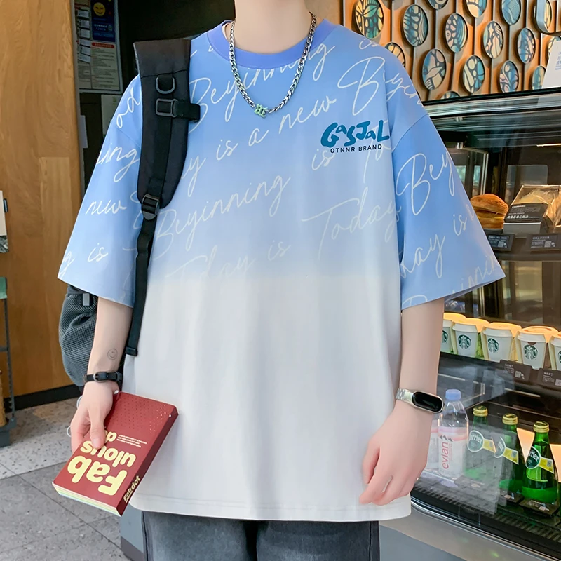 冰丝短袖T恤男夏季美式印花半袖潮牌上衣青少年落肩袖宽松T恤