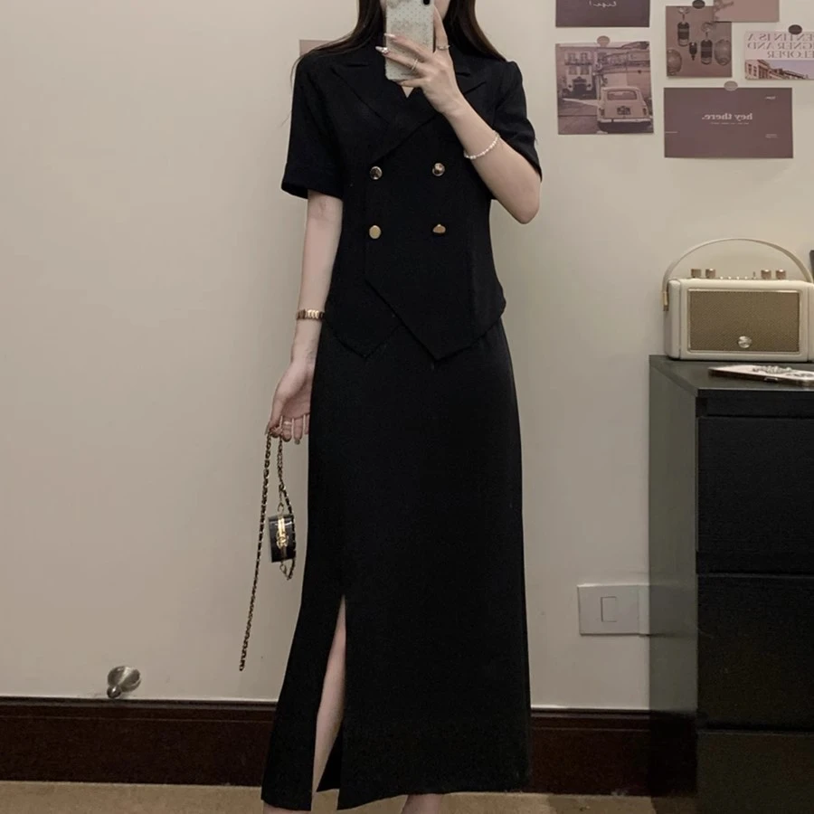 大码女装法式短袖西装上衣套装女夏季微胖mm遮肚显瘦半身裙两件套