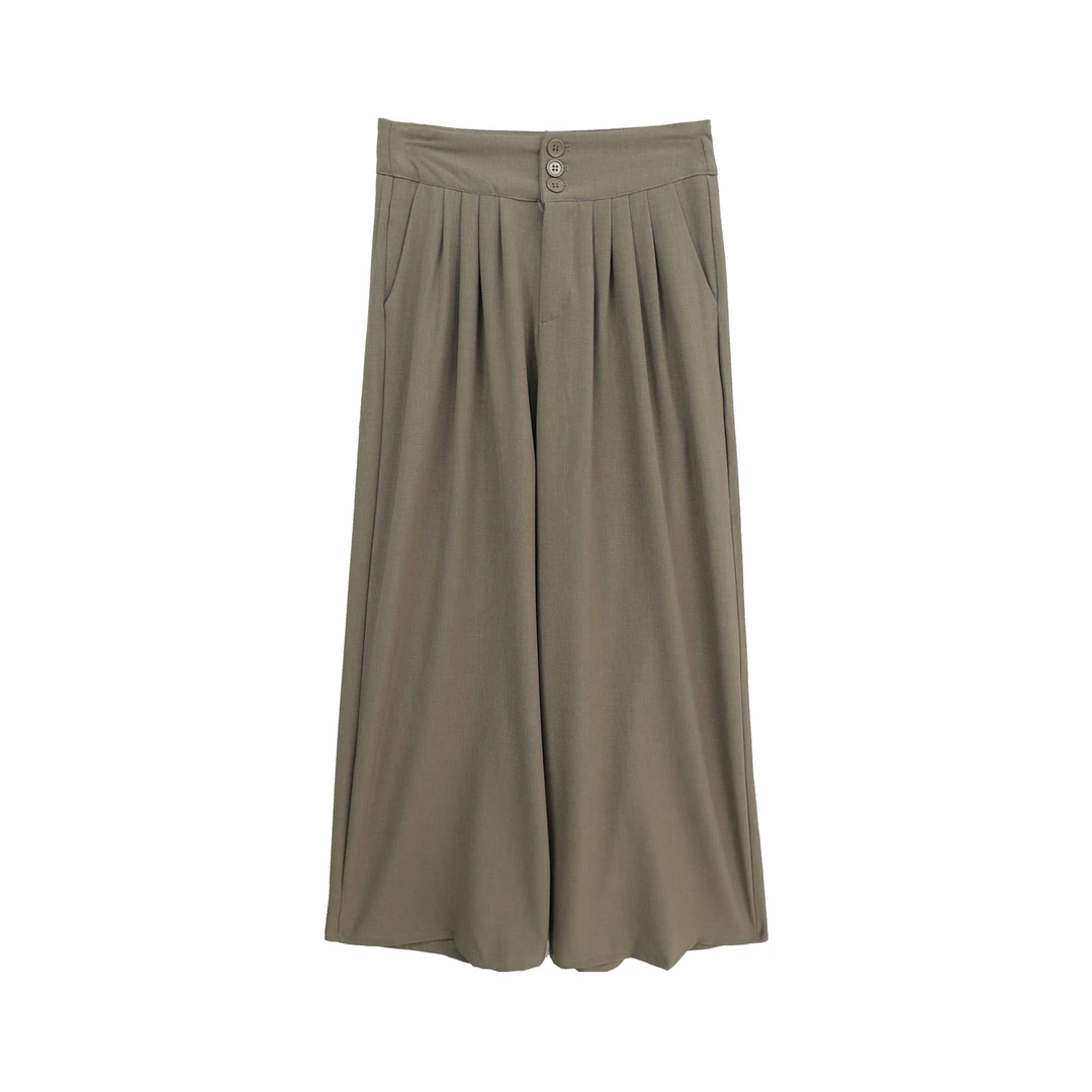 韩系高腰单排扣压褶设计感宽松百搭垂感阔腿裤C12023