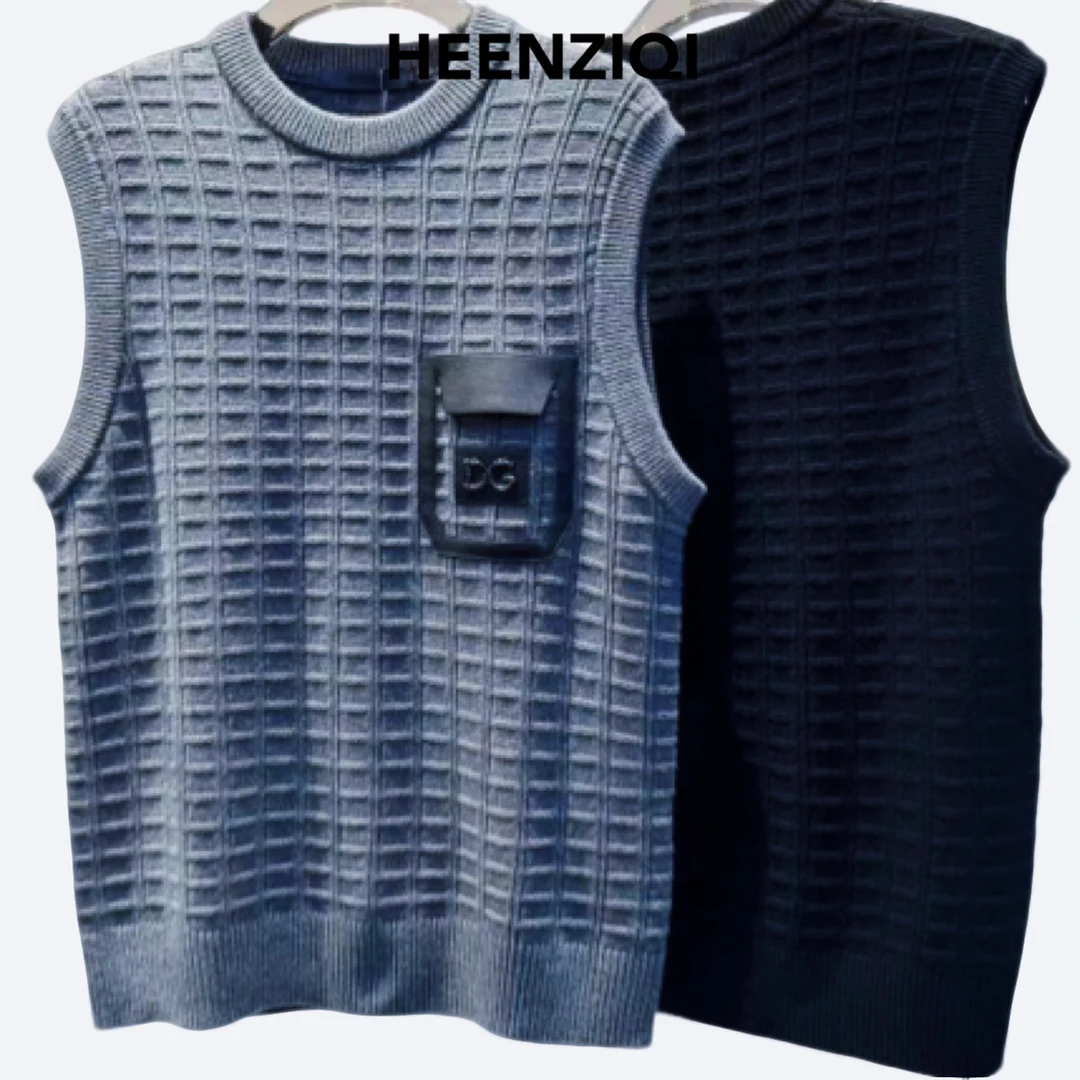 HEENZIQI设计皮口袋绵羊毛圆领套头马甲