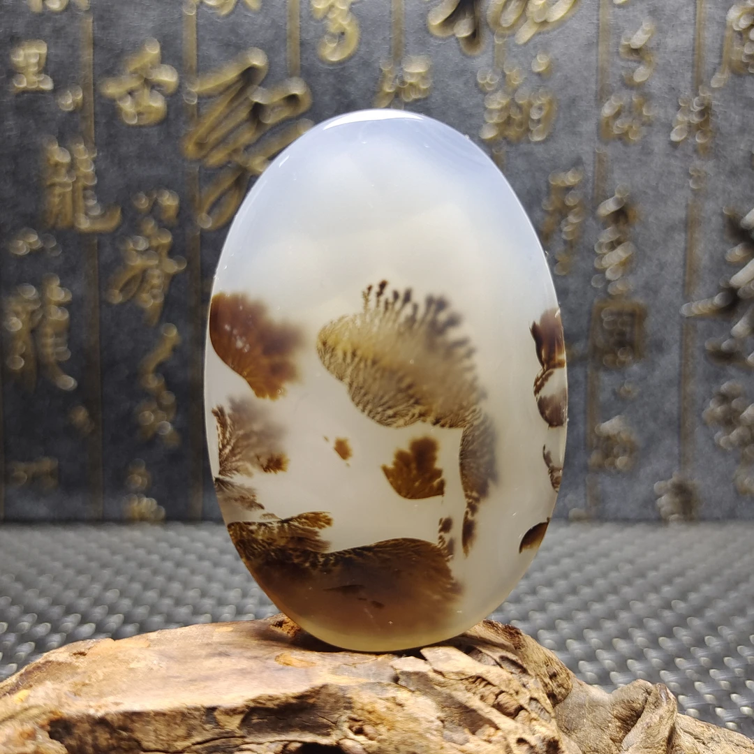 天然玛瑙草花玛瑙海洋玉髓无孔无暇象形意境牌 鱼戏荷塘