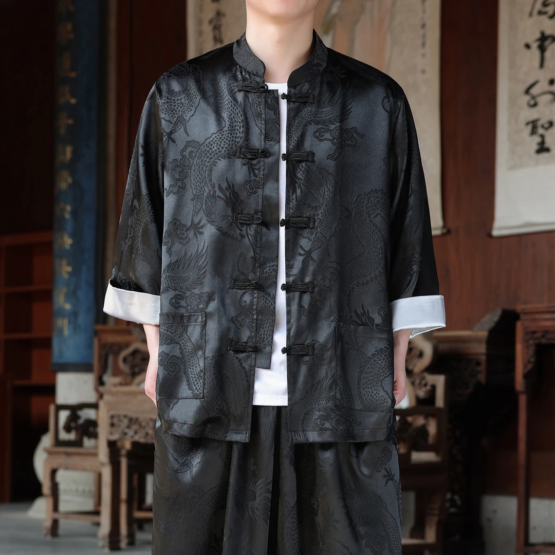 七分袖衬衫男夏季中国风龙纹提花潮牌唐装外套宽松太极服冰丝衬衣