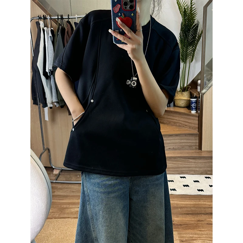 铆钉解构短袖t恤男女夏季新款美式设计感潮牌痞帅休闲半袖体恤