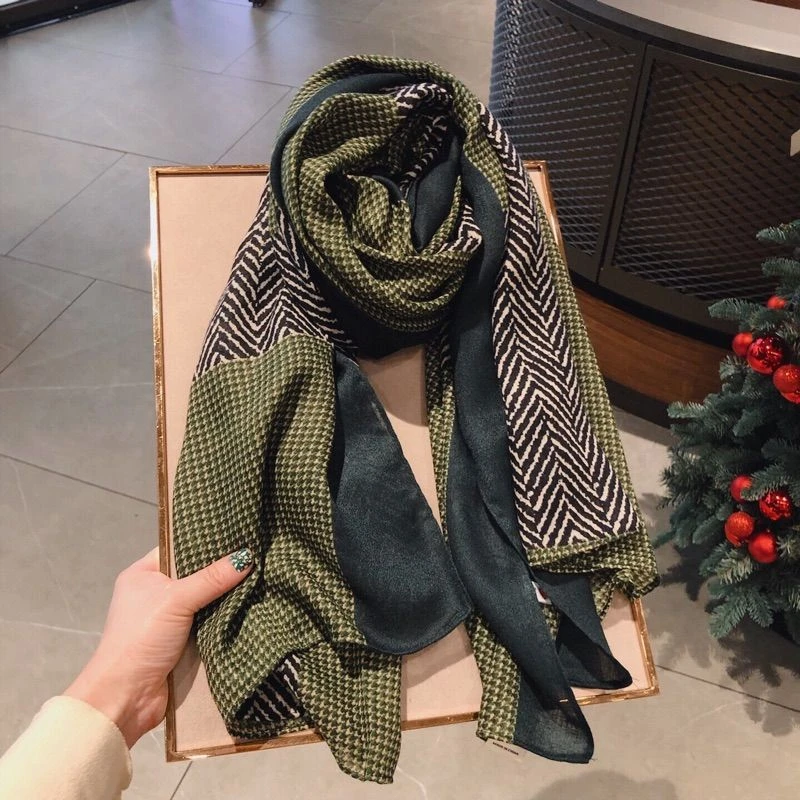 Miss Silas韩系氛围感拼色千鸟格斑马纹两用薄披肩丝巾棉麻围巾女