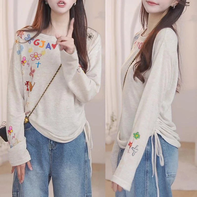 韩系ins长袖女士涂鸦刺绣慵懒氛围感不规则抽绳薄款针织上衣早秋Y