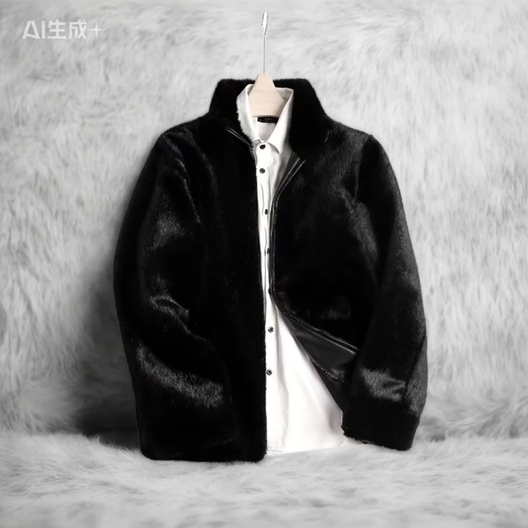 时尚轻奢冬季厚款黑色貂绒加绒外套男男款