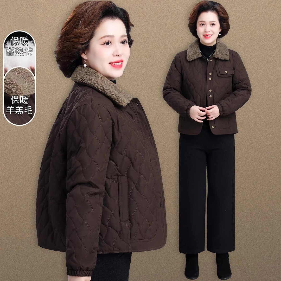 中年妈妈秋冬羊羔领棉衣外套时尚气质中老年女士冬装羽绒棉服短款