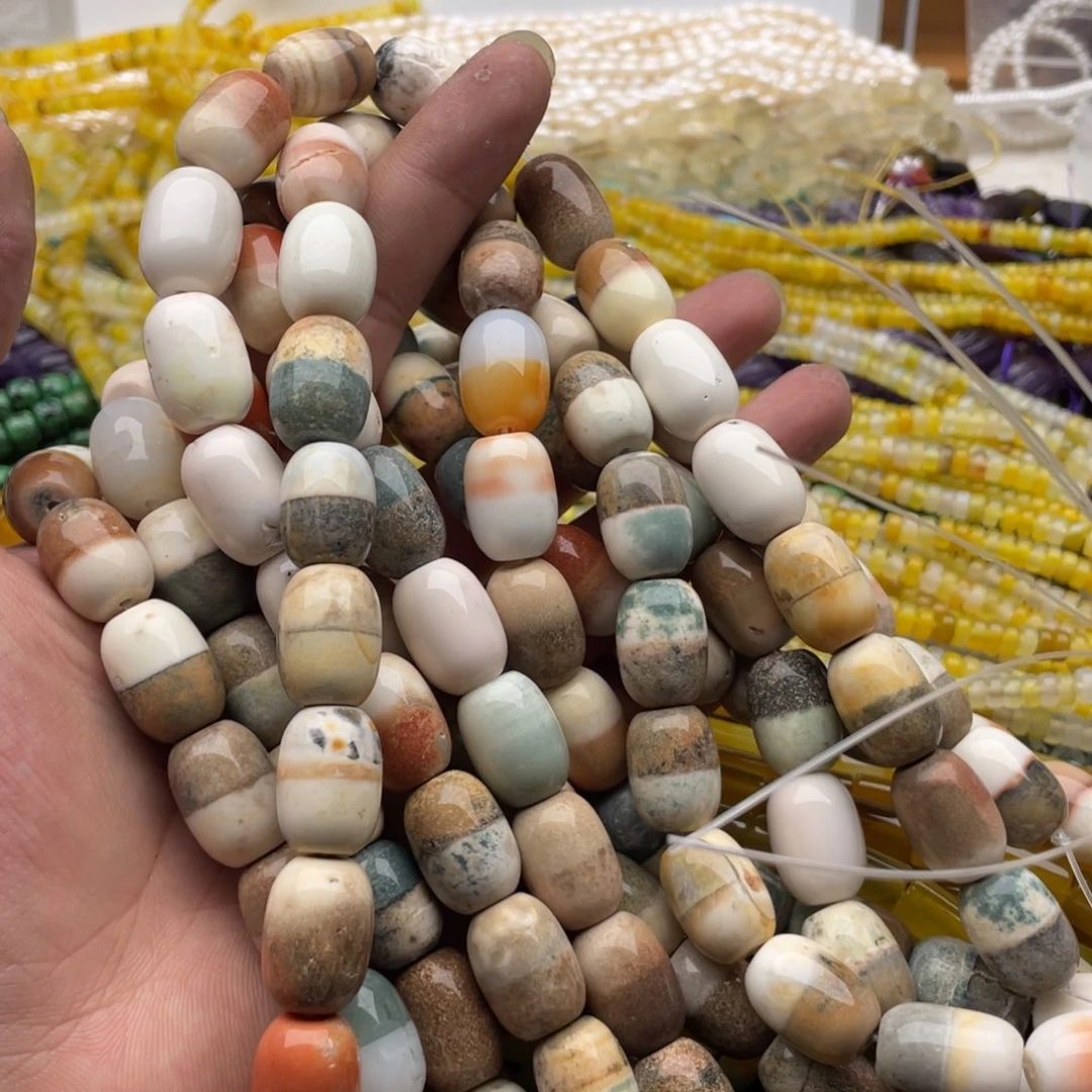 玛瑙/玉髓合金珠宝半成品一条装13*17mm半色西域老玛瑙桶珠
