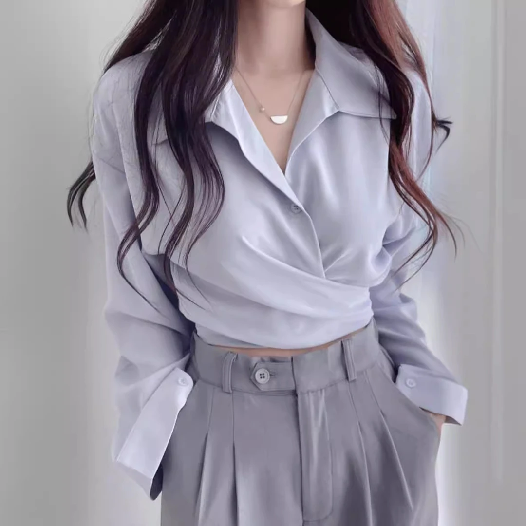 韩国chic春秋减龄复古小众设计感气质收腰显瘦系带单排扣短款衬衫