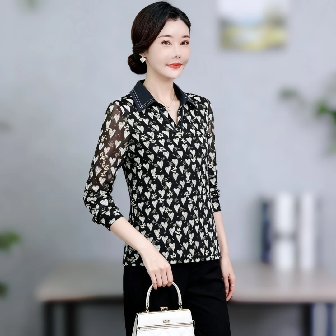 锦依罗春秋季台湾网纱长袖中老年女装修身时尚上衣小衫