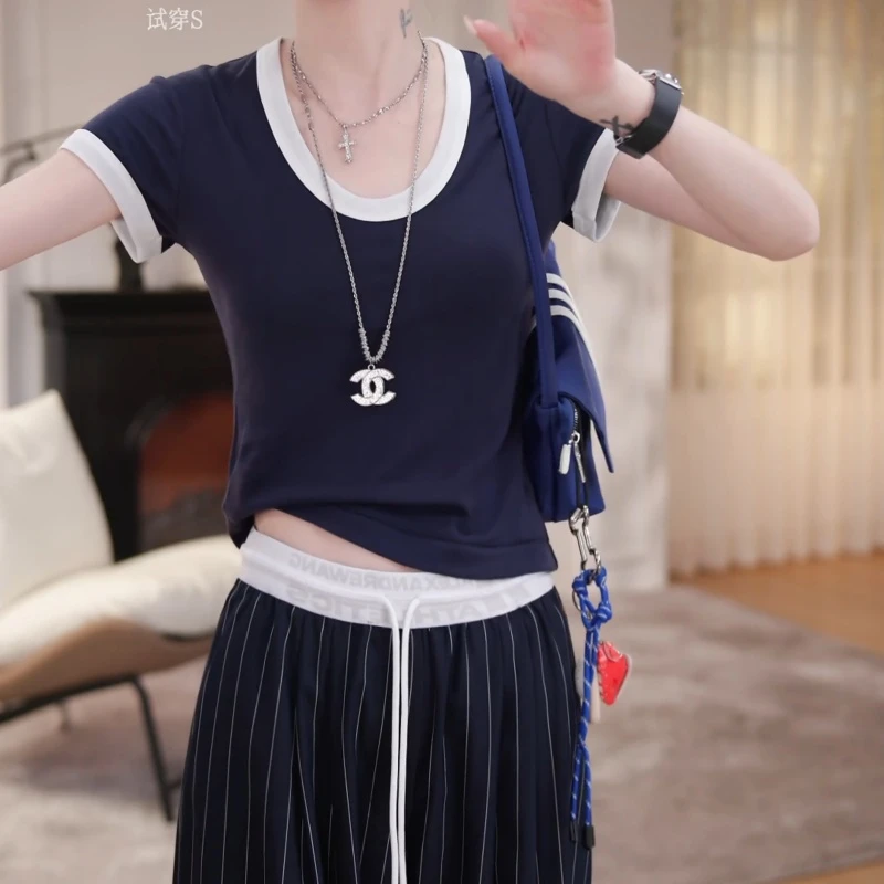 2025夏季简约撞色休闲拼接短袖t恤百搭显瘦修身上衣女LK2502448