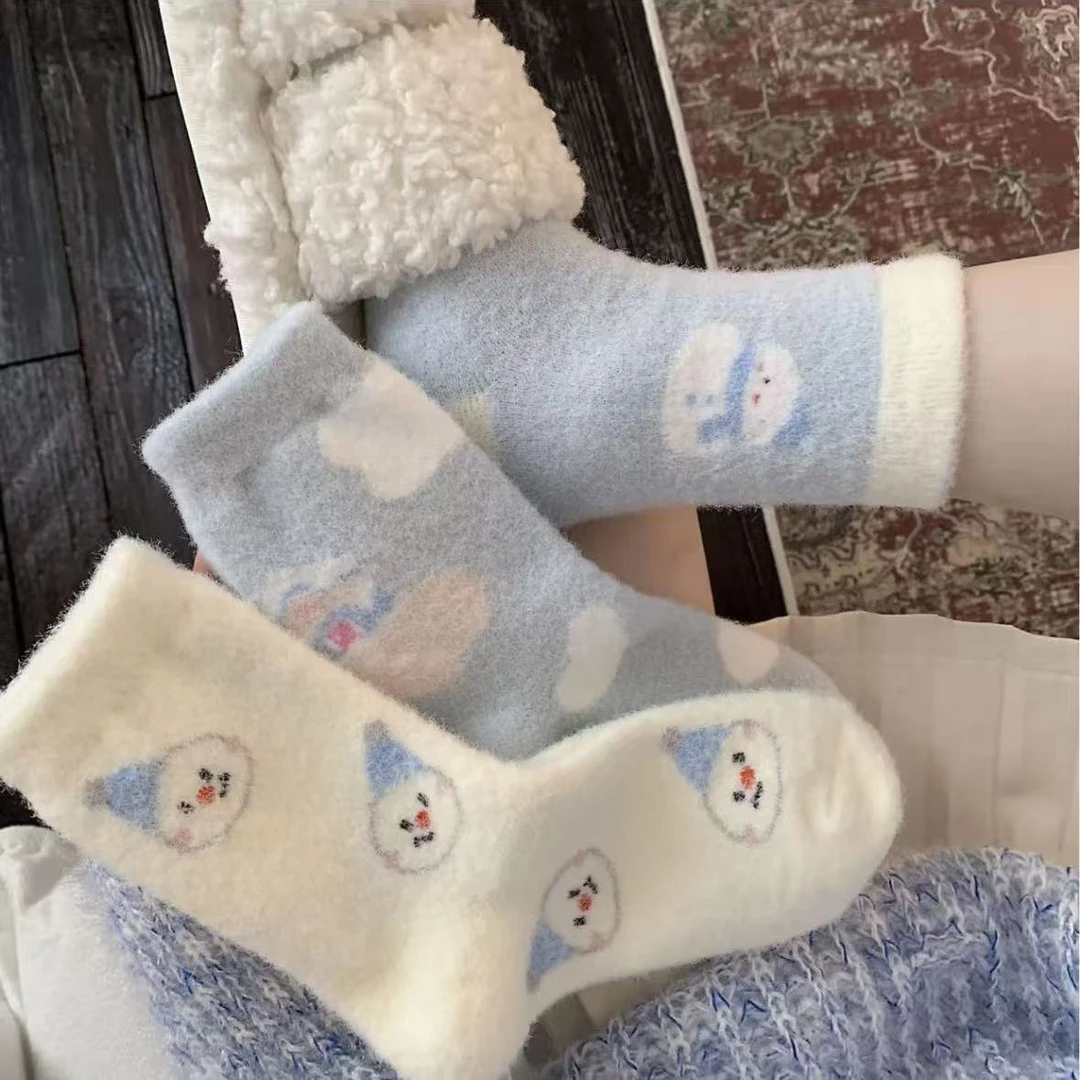 baby蓝小雪人毛绒袜子女秋冬加厚加绒保暖袜韩系冬天可爱中筒袜L