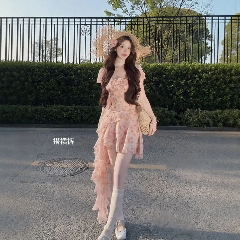 法式荷叶边浪漫不规则裙摆上衣2025女夏独特别致绝美短裙子两件套