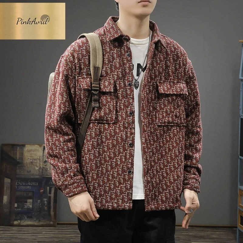 PinkAvril美式复古千鸟格毛呢衬衫男士工装夹克春秋宽松潮牌痞帅