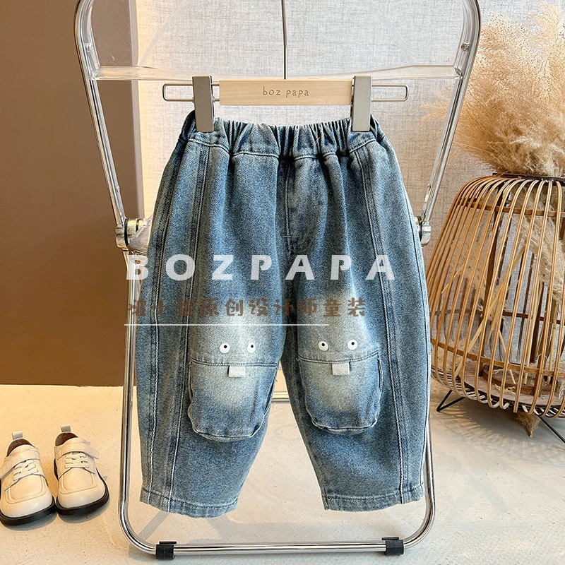 【小眼睛】凹造型个性童趣男童水洗牛仔裤2025春韩版儿童牛仔裤