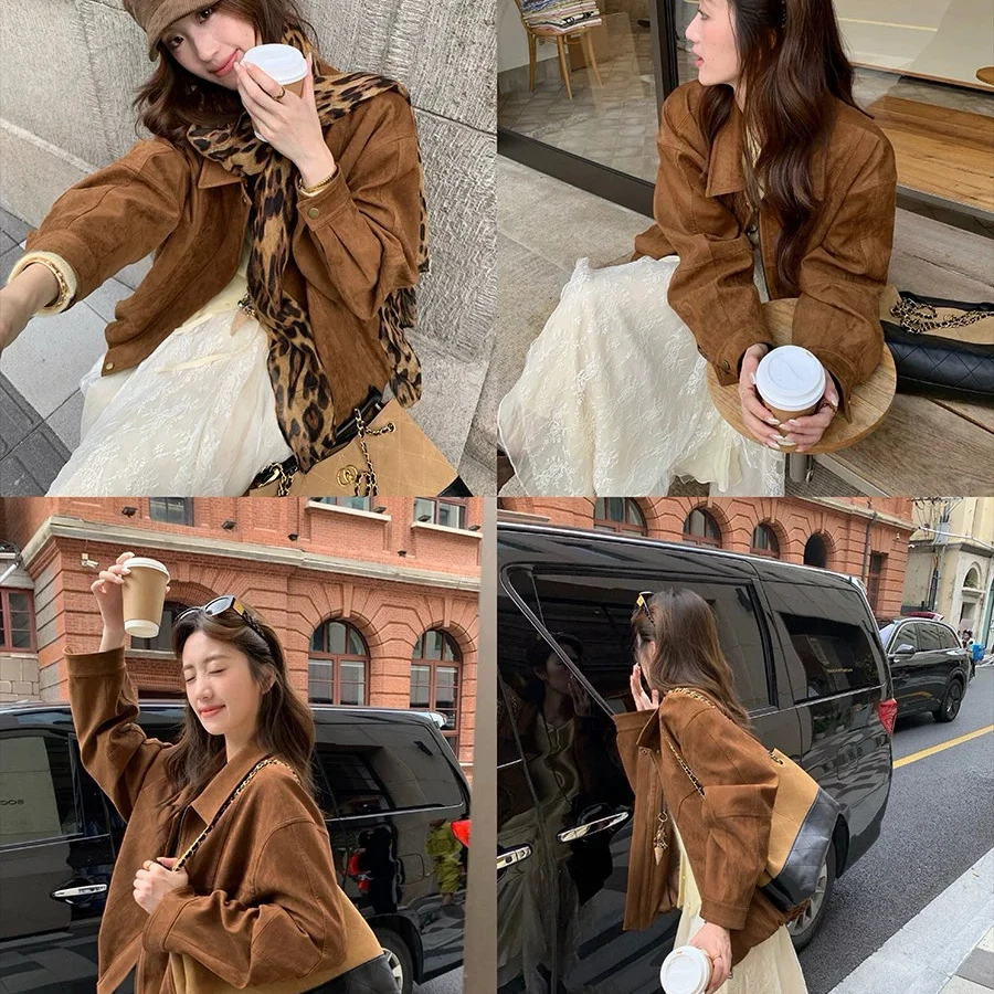 Y.JIA 伊嘉-味感秋日麂皮翻领机车微花苞气球型下摆短外套9519-5