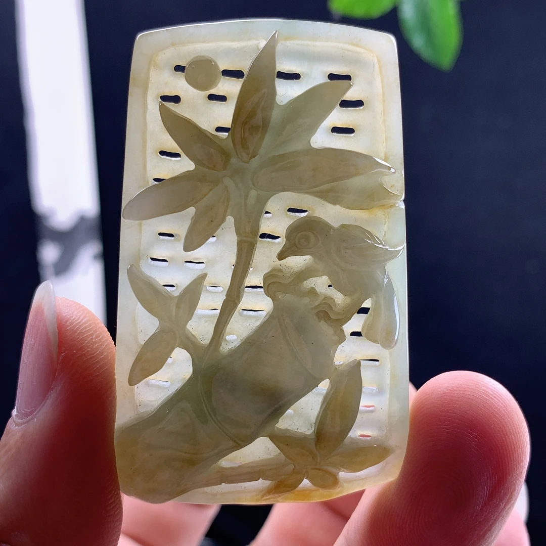 优惠缅甸纯天然A货翡翠老坑料精雕黄色竹节步步高升挂件吊坠