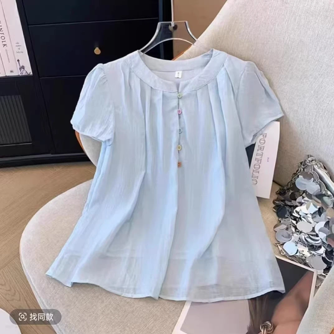 季念飞飞袖上衣雪纺衬衫女装甜美纯色休闲薄款短袖宽松型夏季圆领