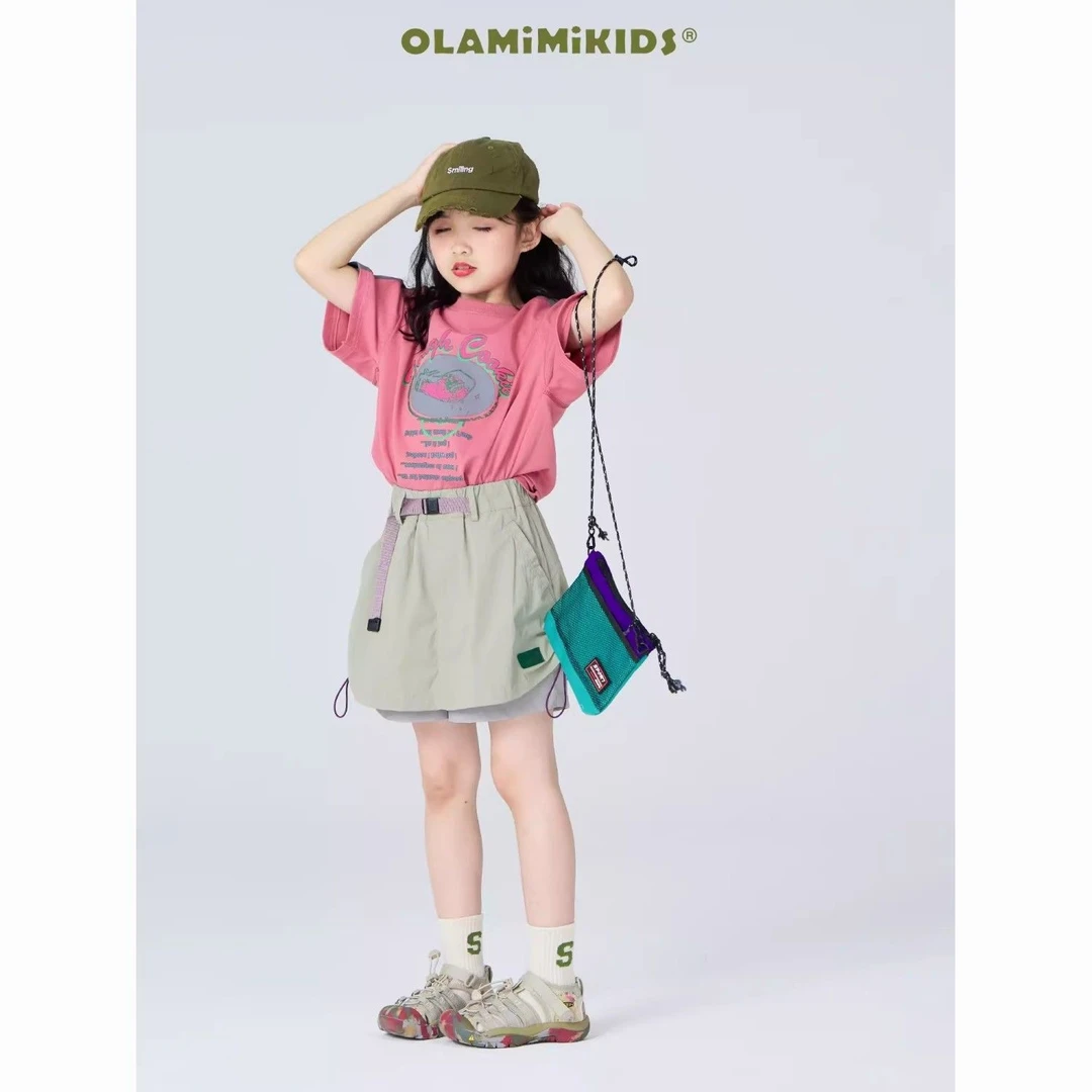 女童套装2025夏季新款中大童休闲拼色时尚短袖运动假两件短裤裙潮