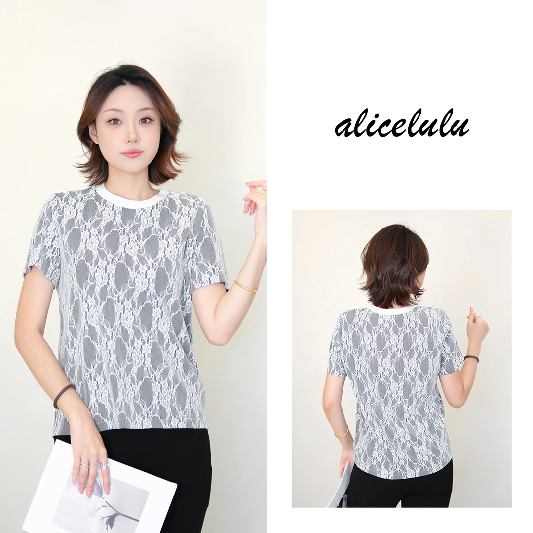 2alicelulu 圆领钩花镂空短袖T恤女宽松显瘦上衣 S2143369E