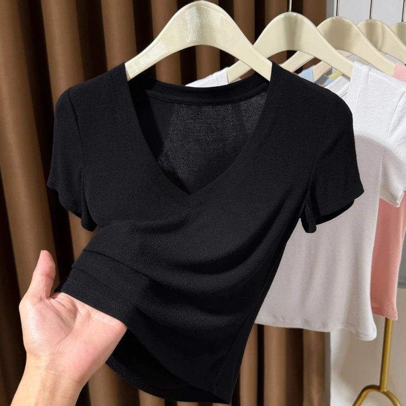 黑色大领口短款t恤女薄款夏季新款针织V领短袖上衣低领内搭打底衫