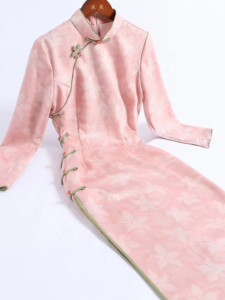 887-粉色花花春款旗袍