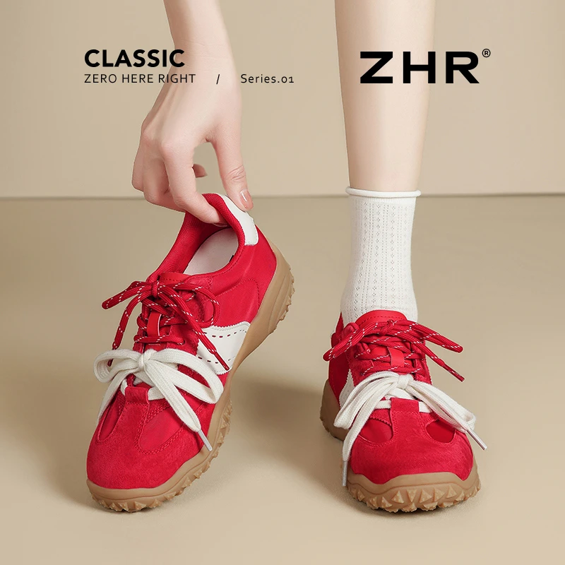 ZHR真皮德训鞋女2025新款秋季复古软底透气阿甘鞋运动厚底小白鞋