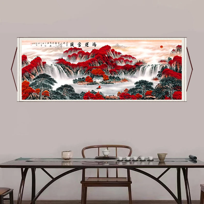 《鸿运当头》大气背景墙横幅挂画国风艺术山水画靠山风景图装饰画P6