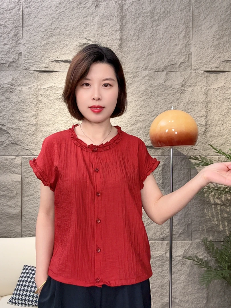 夏季圆领气质薄款短袖宽松型T恤纯色花边领开衫打底衫