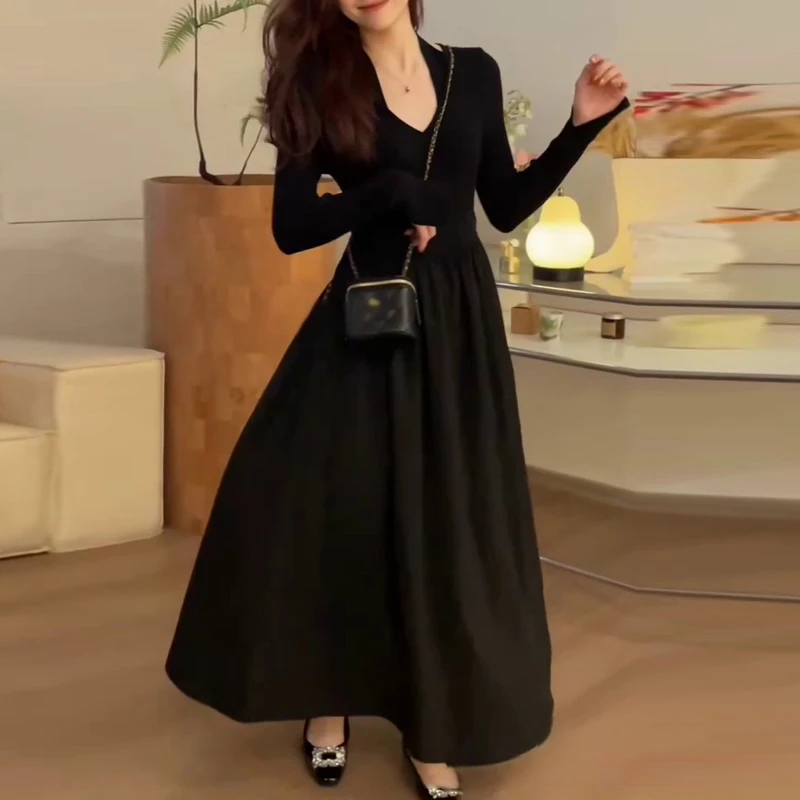 法式V领长裙法式复古红色连衣裙显瘦秋装女装休闲风