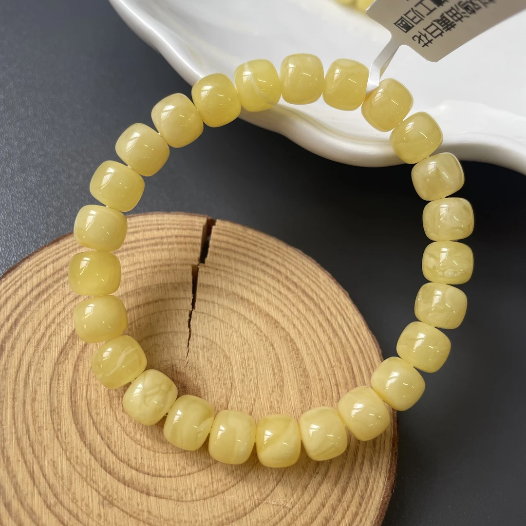 约7*8mm/9克俄料鸡油黄白花纹蜜蜡精工归圆老型珠单圈