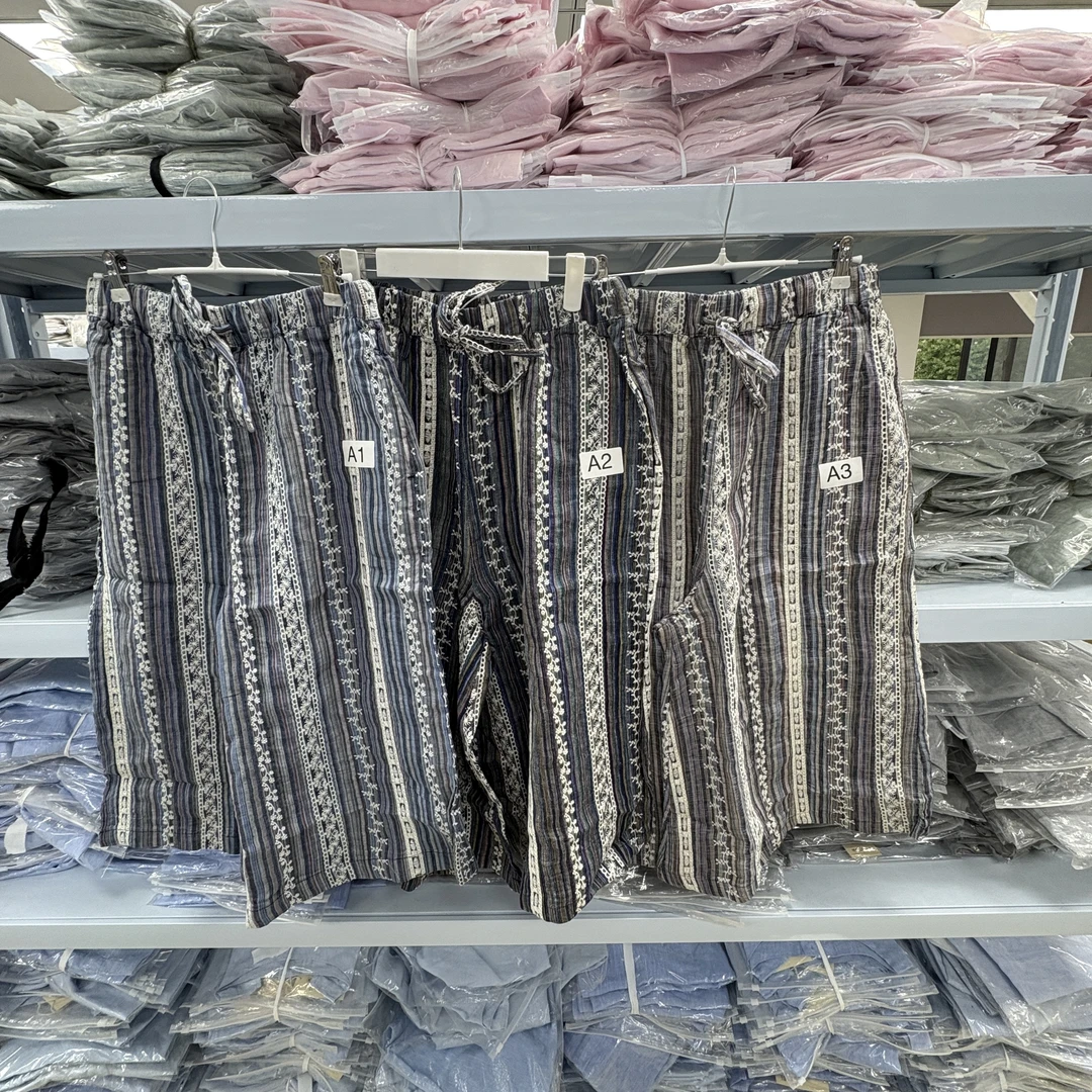 新款汉麻万针刺绣条纹裙裤