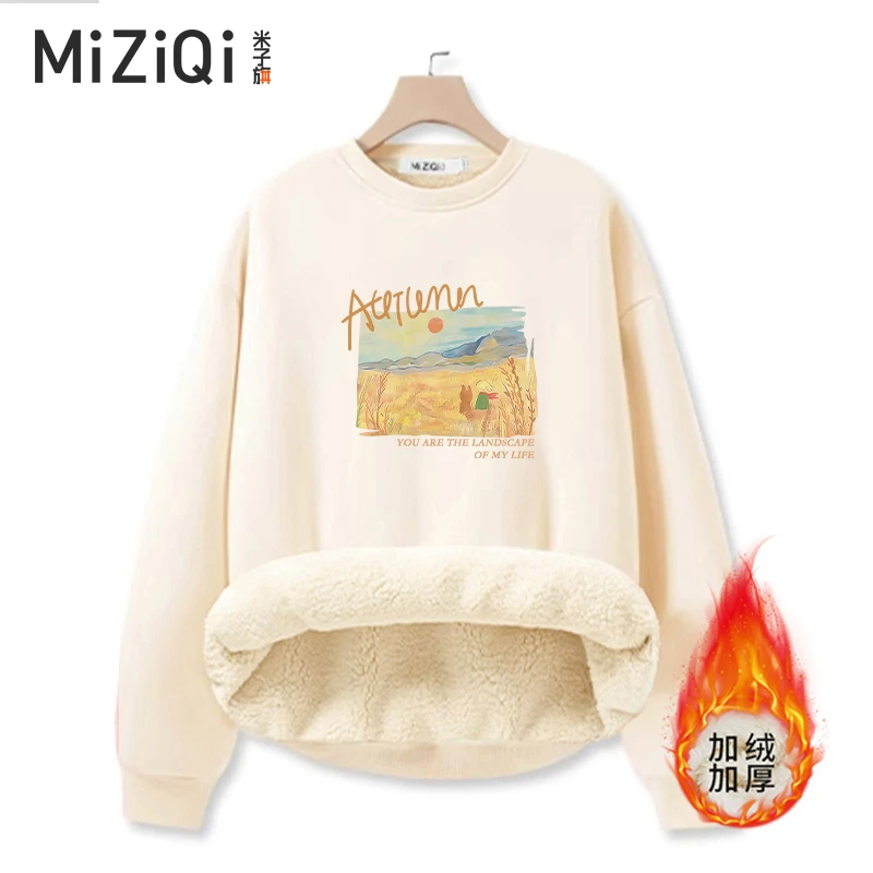 米子旗加绒加厚卫衣2024秋冬宽松印花休闲情侣韩版百搭（圆领）