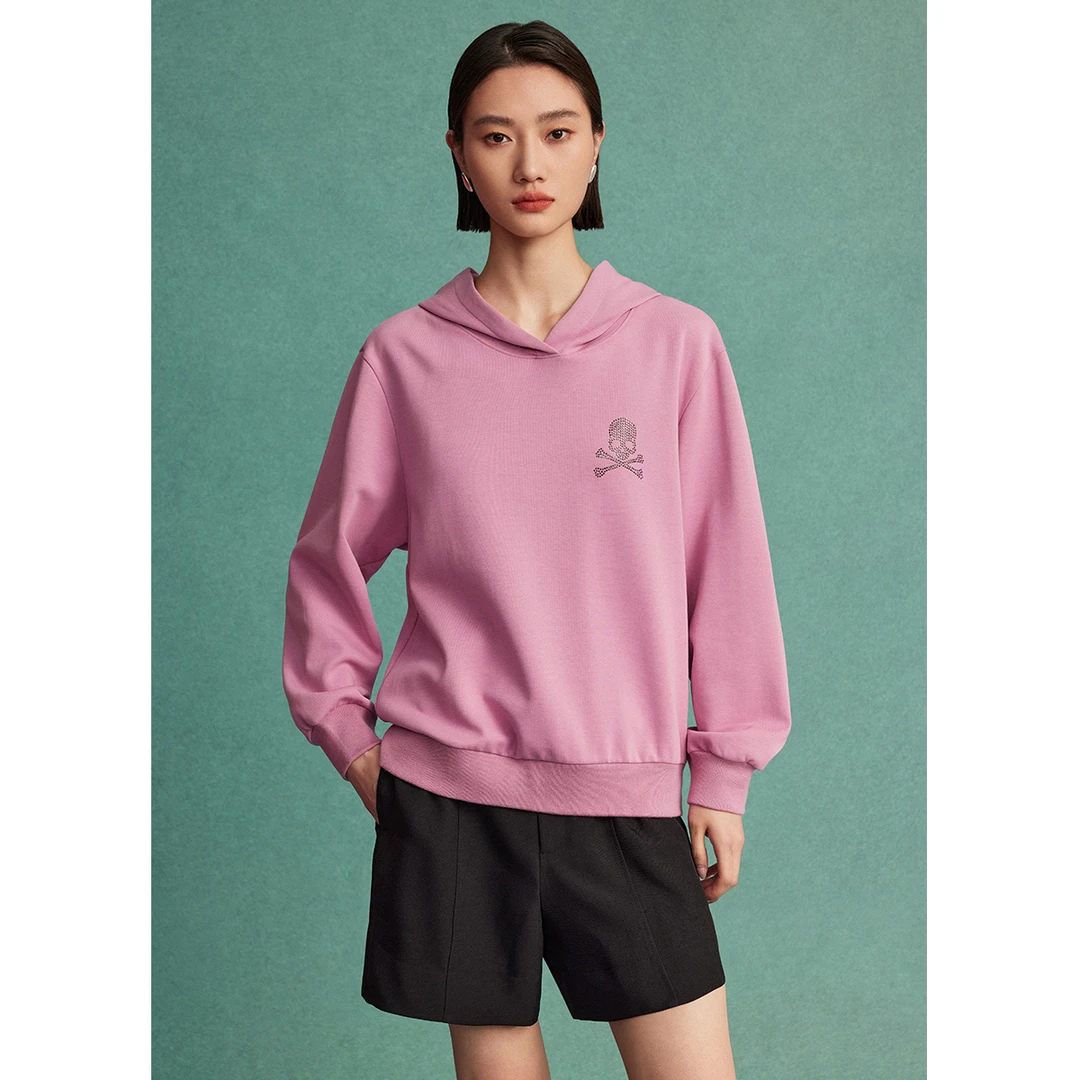 【商场同款】曼德诗粉色连帽卫衣2023春棉质减龄套头上衣M317303555