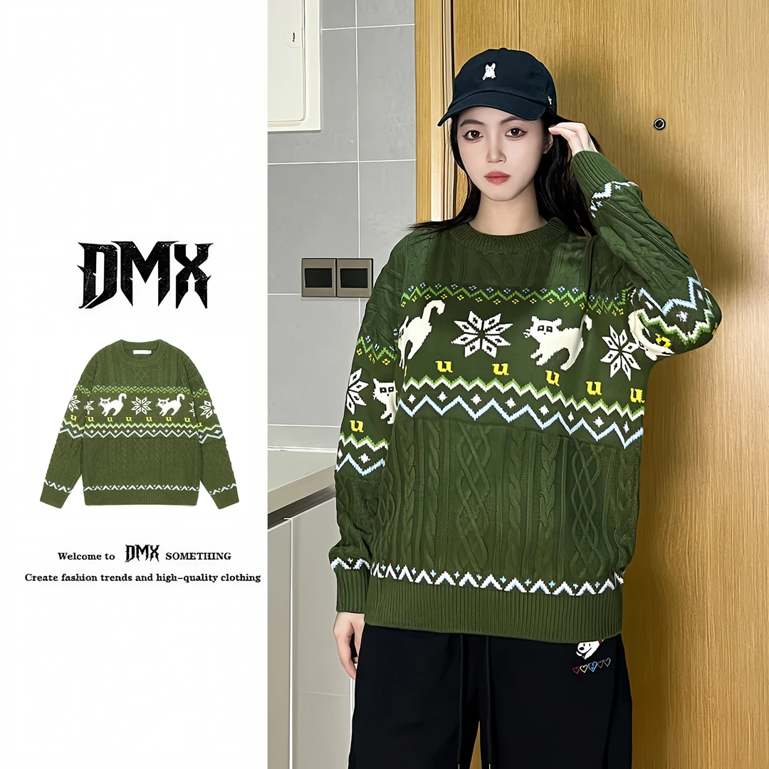 绿色毛衣外套男女同款秋冬穿搭猫咪提花长袖针织衫慵懒风软糯上衣