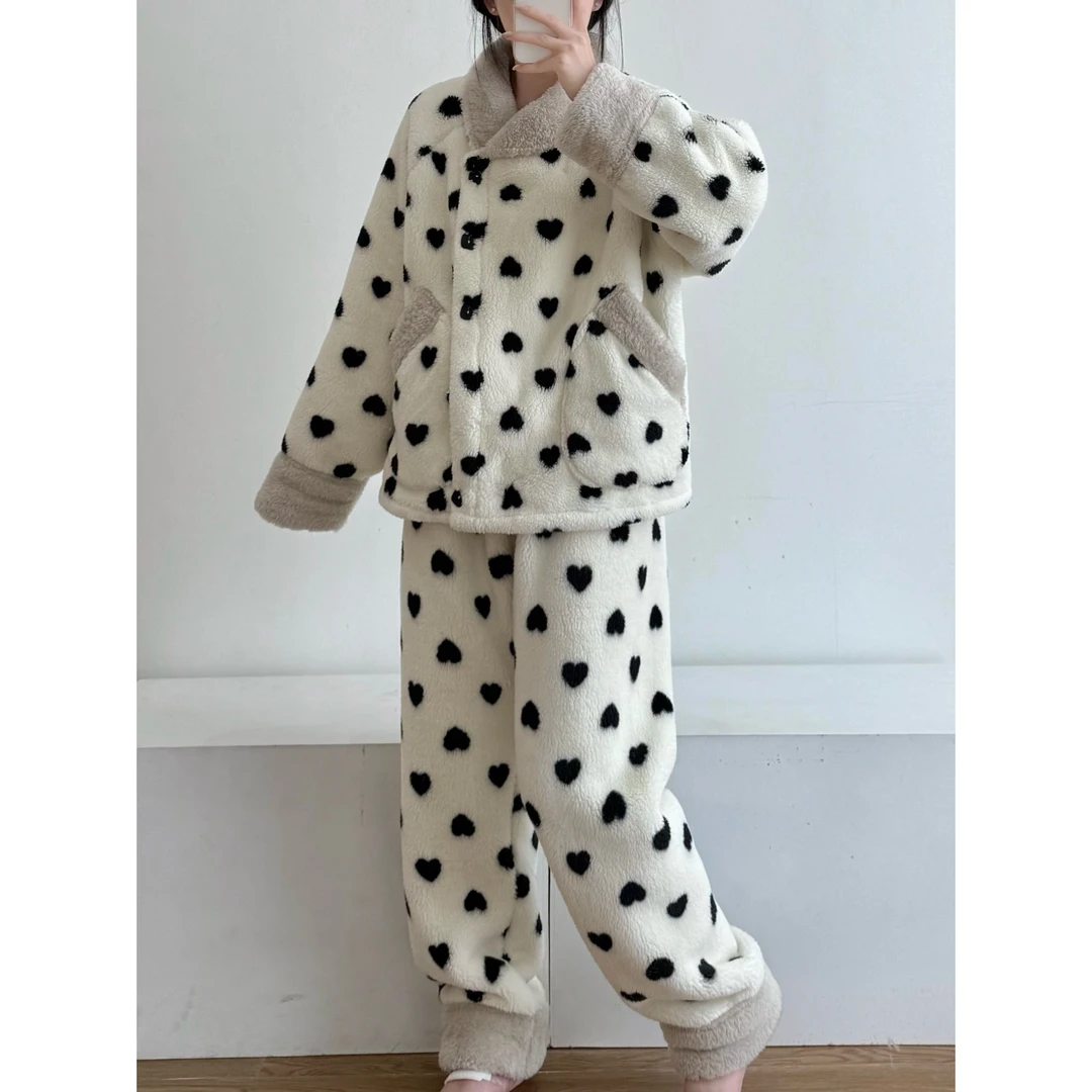 韩版珊瑚绒长袖睡衣女秋冬毛绒绒加厚开衫外套直筒长裤家居服套装