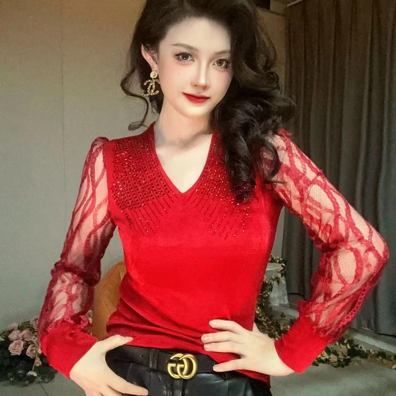 【秋季新款】V领性感蕾丝爆款高贵时尚重工烫钻长袖T恤打底衫女8007