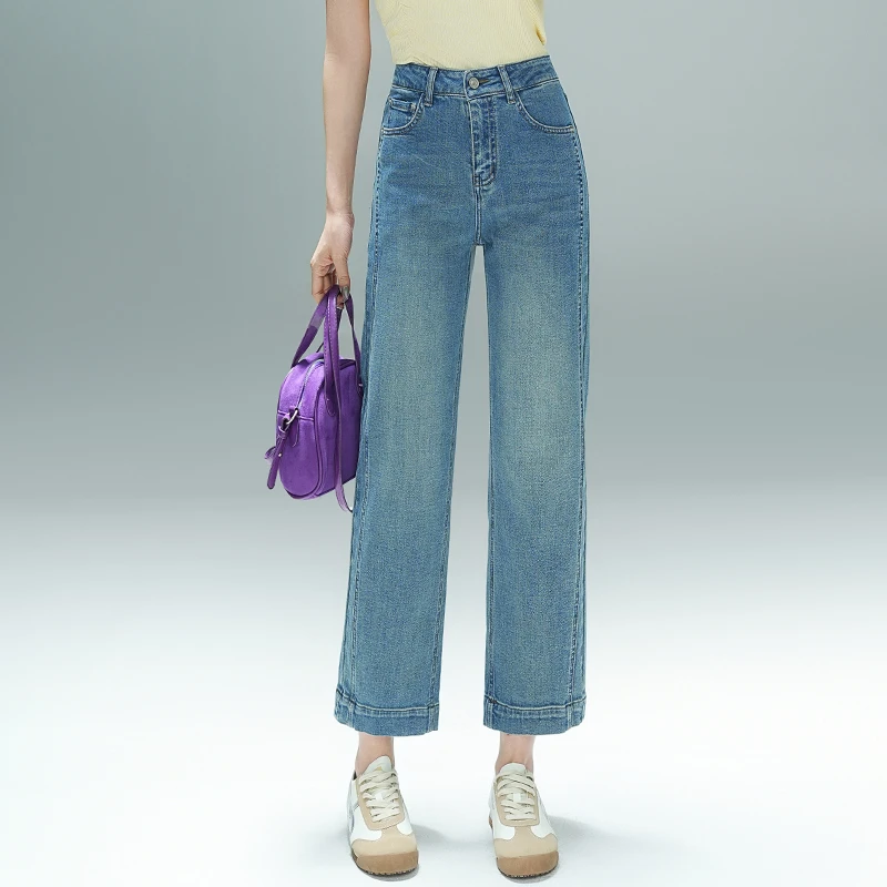 复古直筒牛仔裤女2025春季新款高腰显瘦垂感小个子九分烟管法棍裤