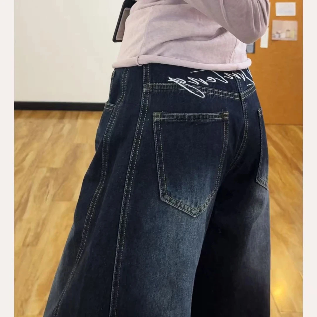 美式刺绣情侣中性高腰水洗复古牛仔裤女士阔腿宽松慵懒蓝灰秋加绒