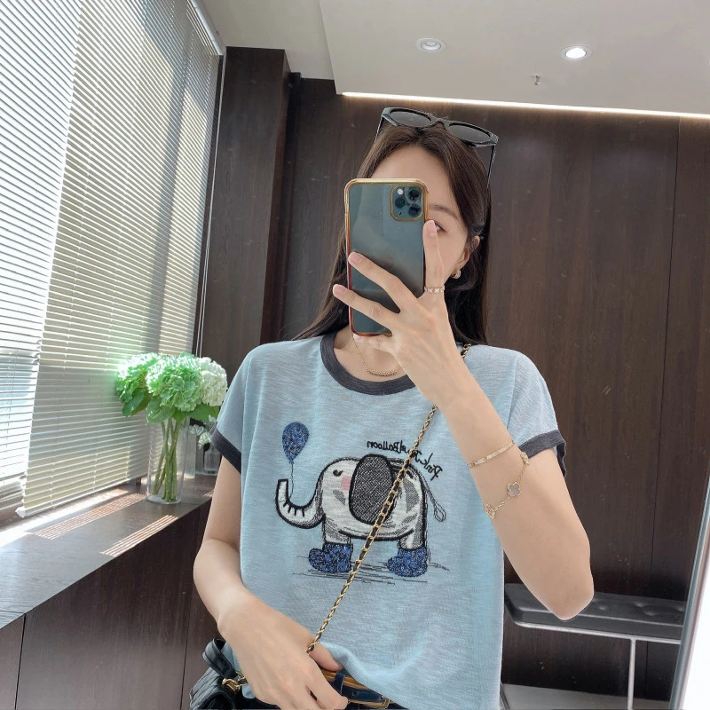 IMFLY金小金自制女装 针织衫DYW9160圆领卡通小象刺绣针织短袖