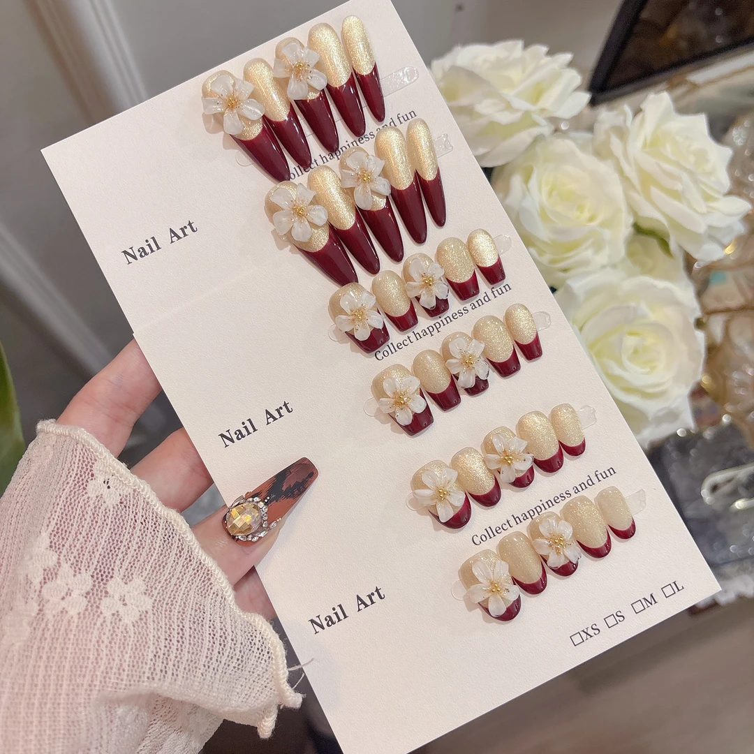 Jx秋季新款纯手工穿戴甲红色法式雕花手工捏捏实拍穿戴甲纯手作