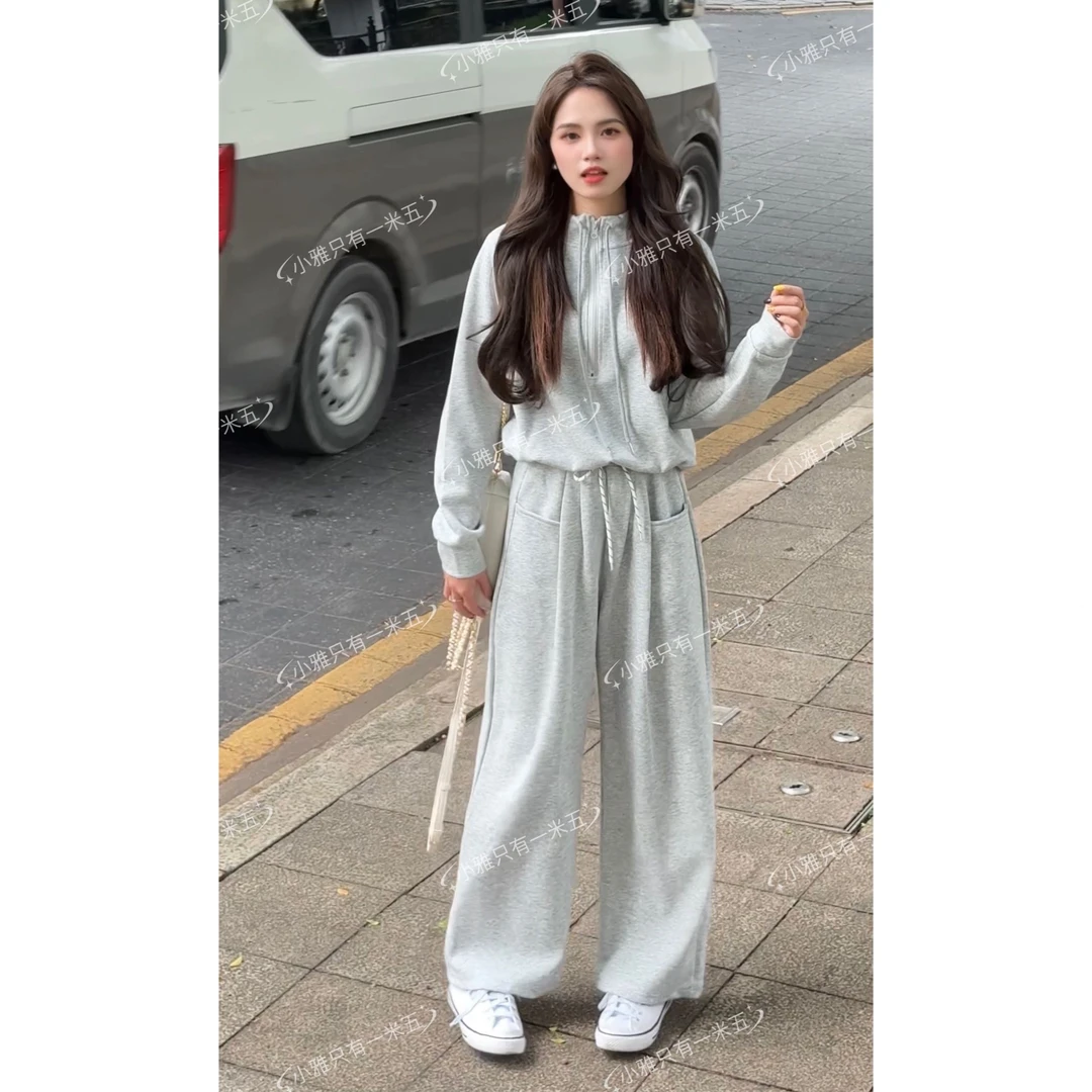 小个子定制早秋新款灰色慵懒风宽松时尚卫衣套装两件套女春秋