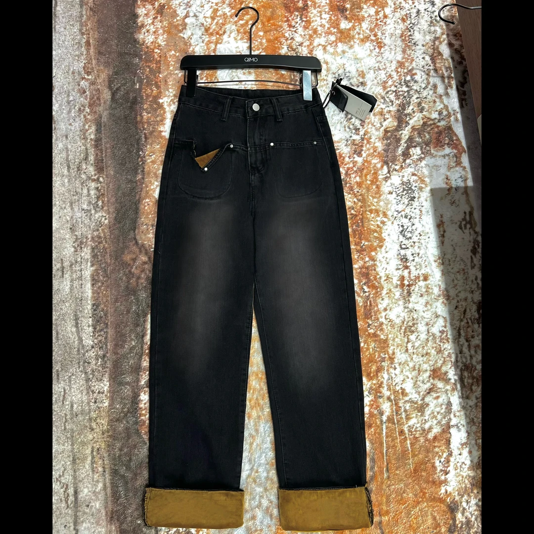 QIMO启茉（A861603#高腰直筒牛仔裤）黑色