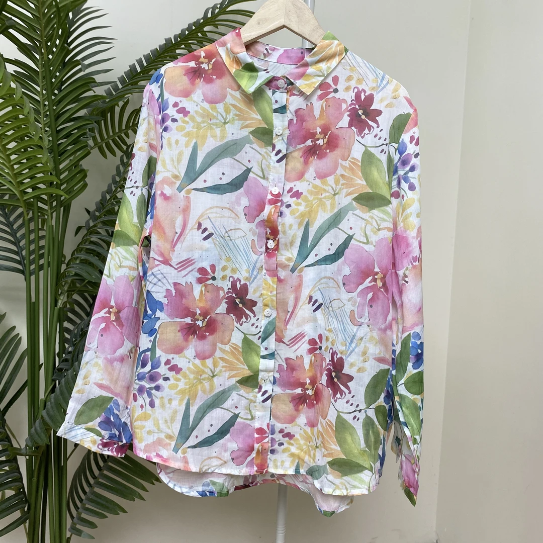 【粉色系海棠花印花苎麻衬衫】4054