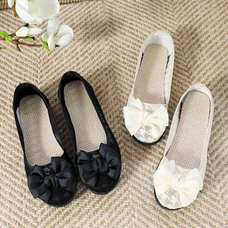 老北京布鞋女夏季新款透气网面平底豆豆单鞋黑色舒适不累脚工作鞋