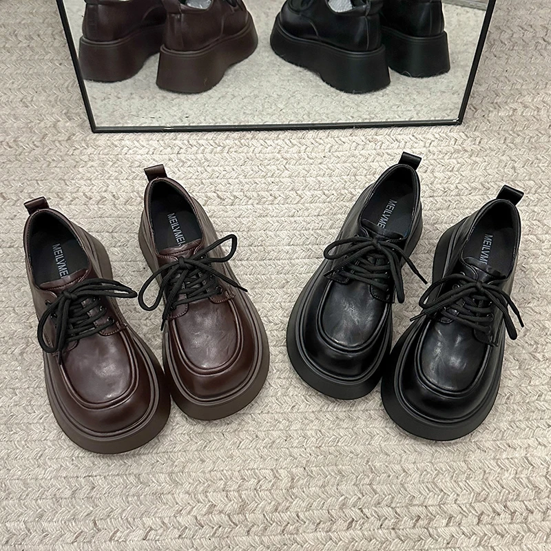 新款小单鞋春季厚底系带欧美风乐福鞋粗跟日系秋季英伦风女鞋圆头