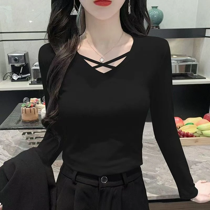 女士长袖t恤女秋季百搭修身V领交叉上衣年新款打底衫体恤外穿