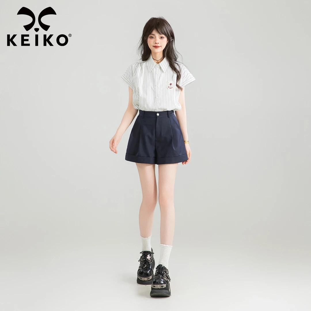 KEIKO 通勤穿搭简约polo领条纹衬衫女夏季韩系慵懒松弛感刺绣上衣