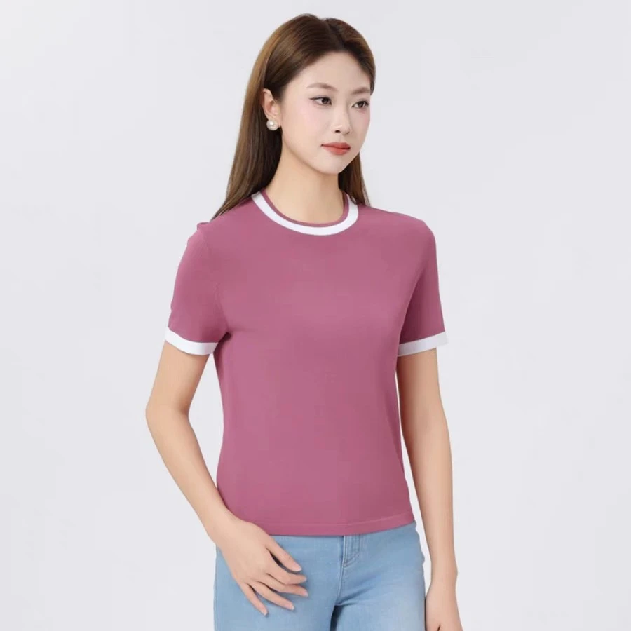 GIRDEAR/哥弟圆领针织上衣百搭拼色短袖T恤女1399733