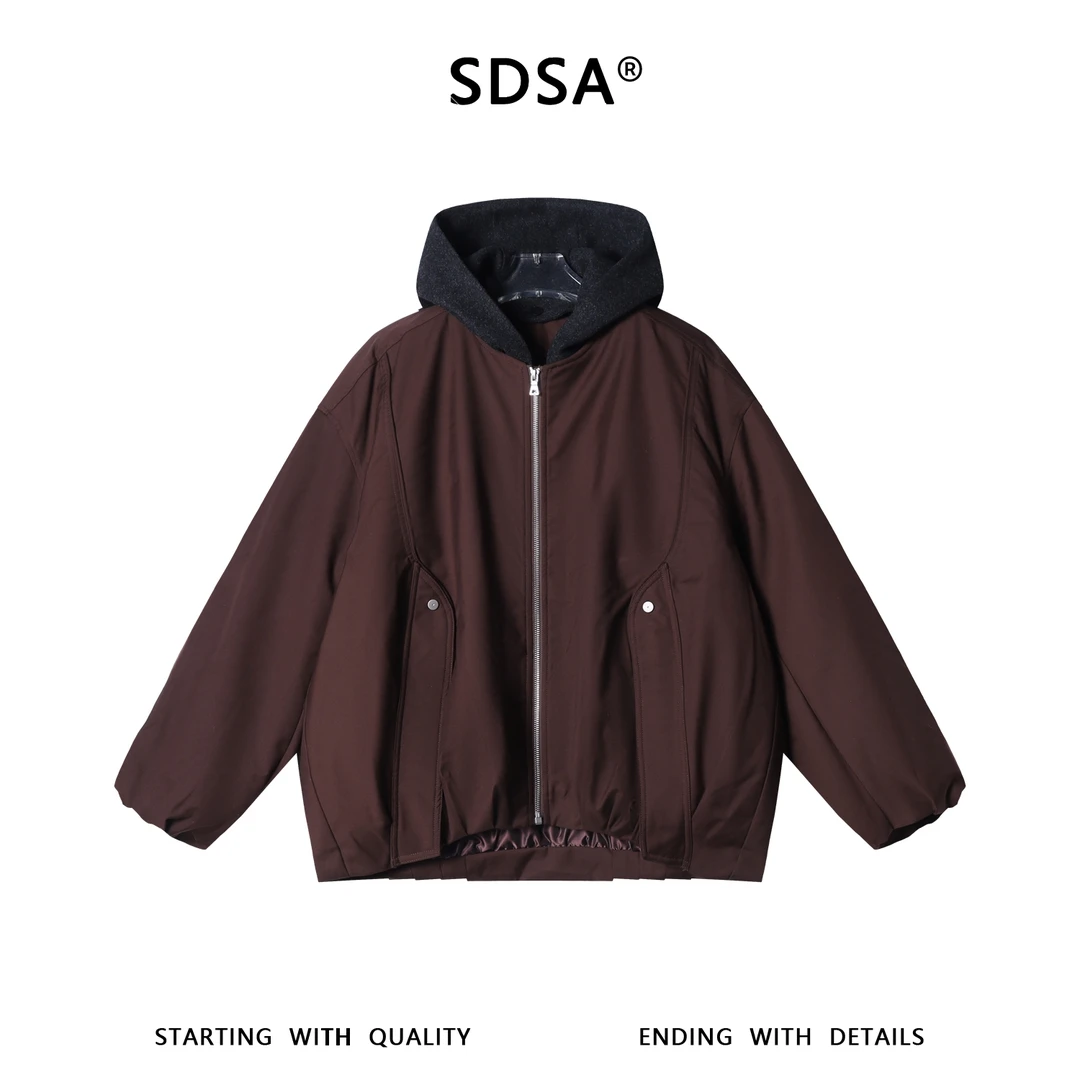 SDSA男士秋冬新款痞帅男装美式复古撞色假两件连帽棉服外套百搭